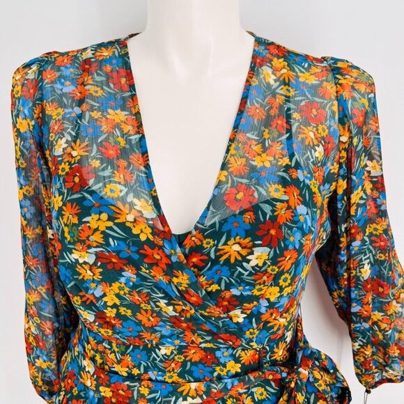 Calvin Klein Surplice Neck Faux Wrap Midi Dress Size 10 3/4 Sleeve Floral Print - Picture 3 of 16